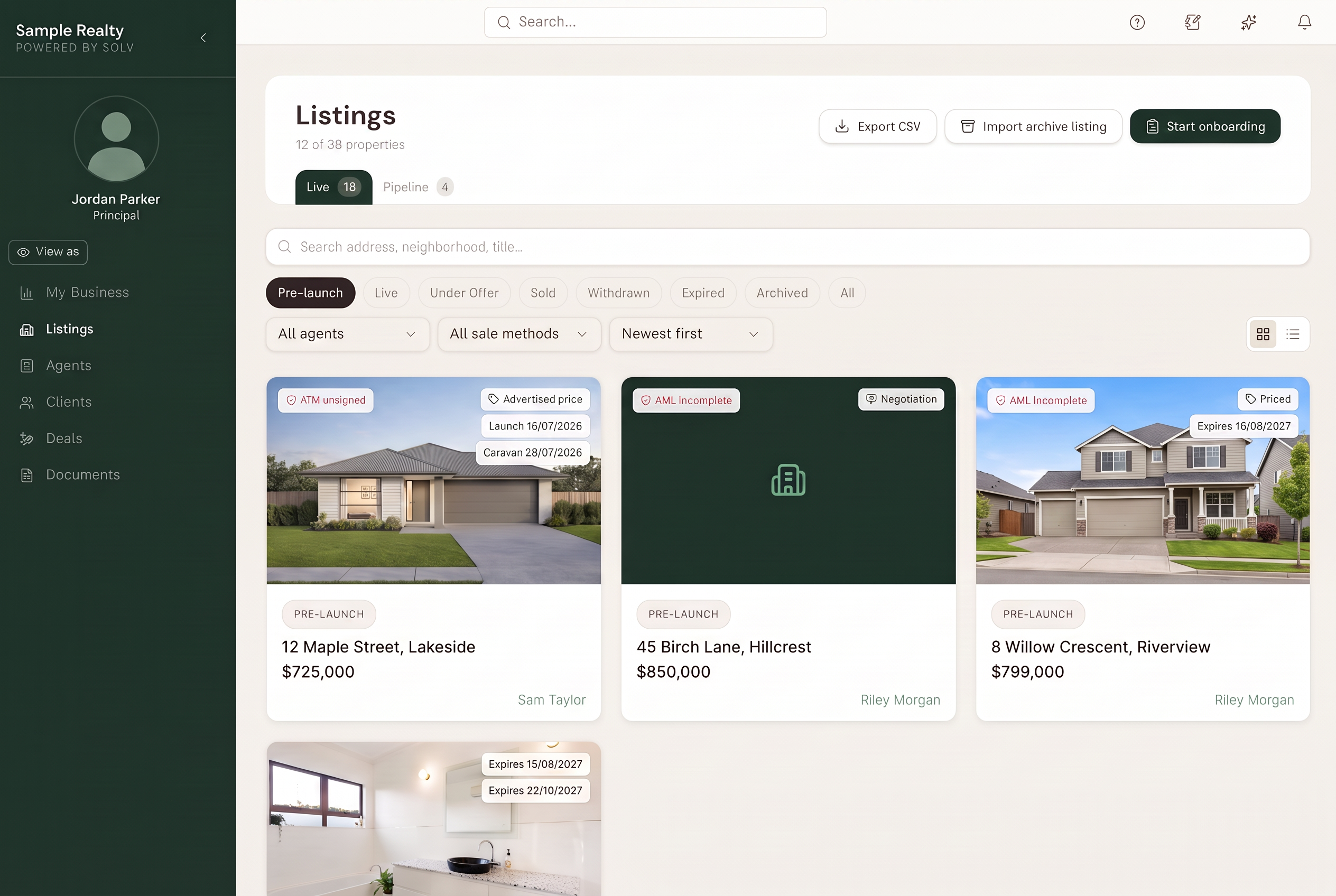 Solv listings workspace showing pre-launch, live and pipeline properties in one calm view.
